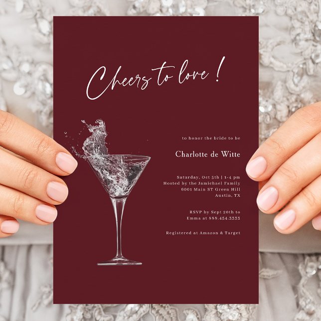 Convites Chá de panela Borgonha - Saúde ao Amor (Elegant Burgundy Cheers To Love Bridal Shower Invitation)