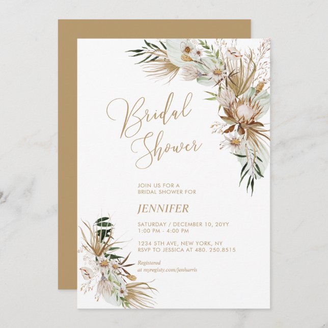 Convites Chá de panela Botânico Boho Verde e Dourado (Frente/Verso)