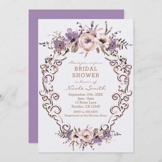 Convites Chá de panela Botânico de Creme Roxo (Frente/Verso)