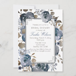 Convites Chá de panela Botânico Dourado Floral Azul Vintage