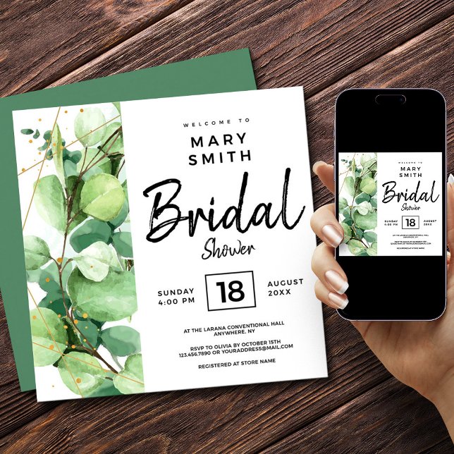 Convites Chá de panela botânico elegante de sábado branco v (Green Elegant Watercolor Eucalyptus Bridal Shower Invitation, Bridal Shower Invitation)