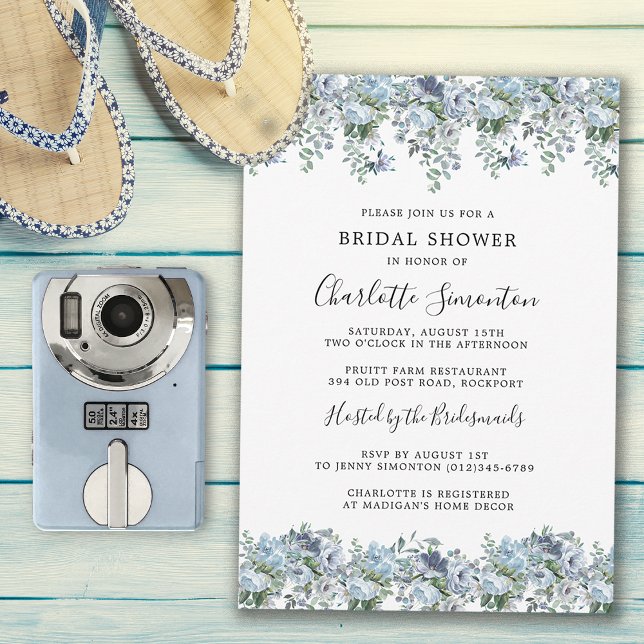 Convites Chá de panela Botânico Floral Azul Moderno (Add Summer Chic Style to your Bridal Shower with this Dusty Blue Invitation!)