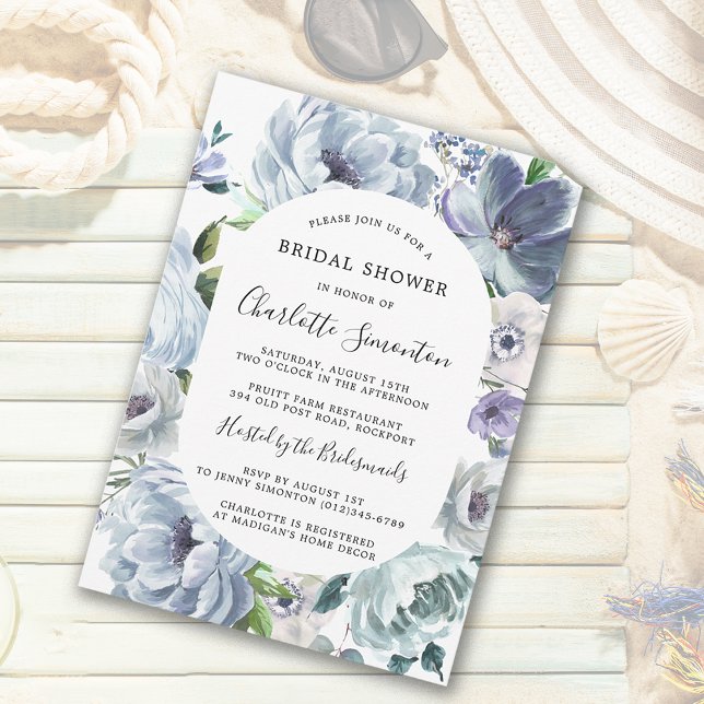 Convites Chá de panela Botânico Floral Azul Moderno (Dusty Blue Floral Bridal Shower Invitation. Summer Style at its Chic Best!)