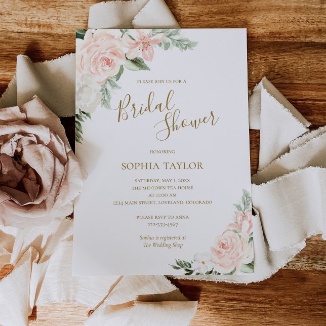 Convites Chá de panela Botânico Floral Dourado e Rosa (Boho Floral Spring Bridal Shower Invitation Template)