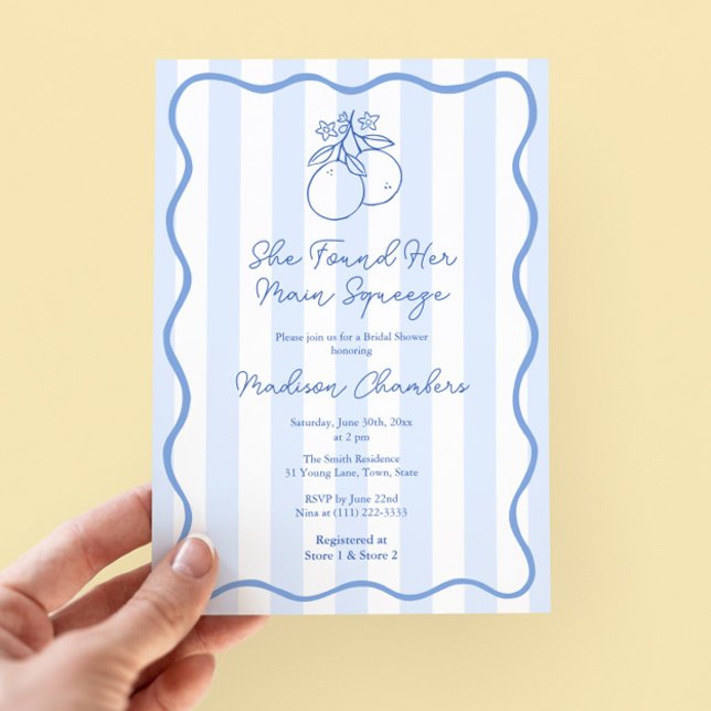 Convites Chá de panela Branco Branco Azul Desenhado à Mão (Italian bridal shower invitation with wavy squiggle border & hand drawn oranges citrus illustration)