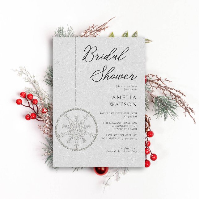Convites Chá de panela Branco de inverno Glitter Glam Snowf (winter bridal shower invitation christmas bauble snowflake bling rhinestones glitter calligraphy)