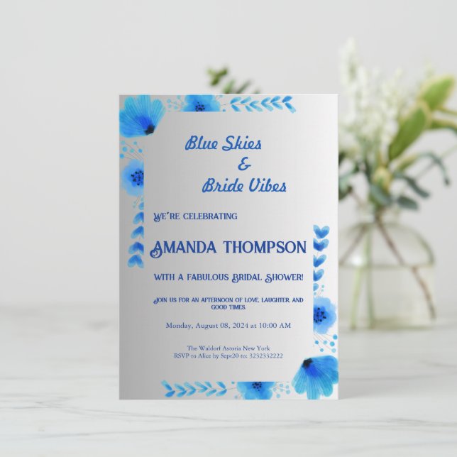 Convites Chá de panela branco e azul doce (Em pé/Frente)