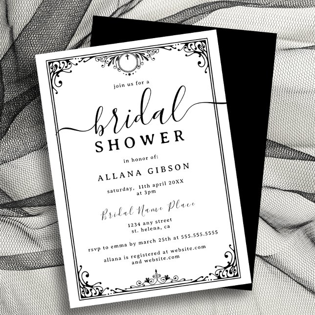 Convites Chá de panela branco e preto elegante (legant black-and-white bridal shower invitation with intricate border design.)