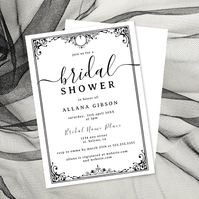 Convites Chá de panela branco e preto elegante (Elegant black-and-white bridal shower invitation with ornate border and script.)