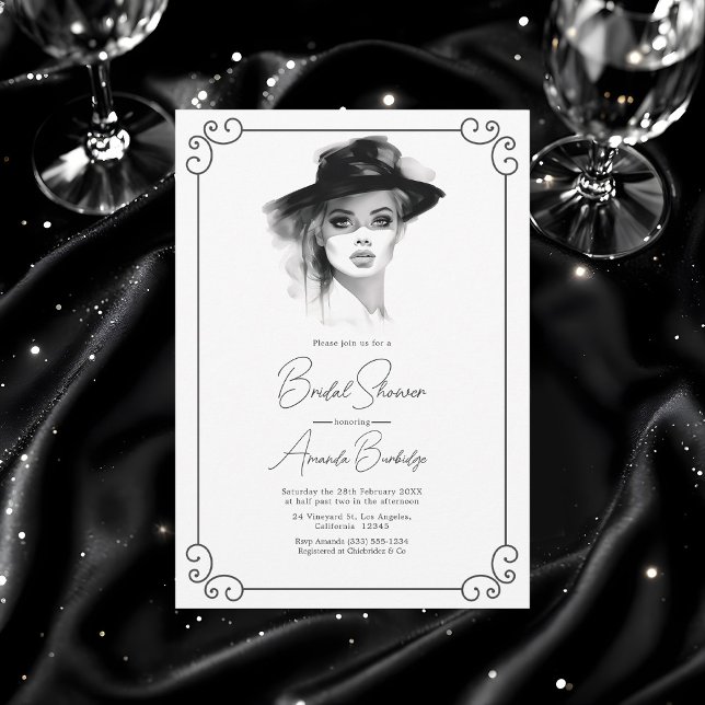 Convites Chá de panela branco e preto estético do velho din (Old Money Aesthetic Black and White Bridal Shower Invitation)