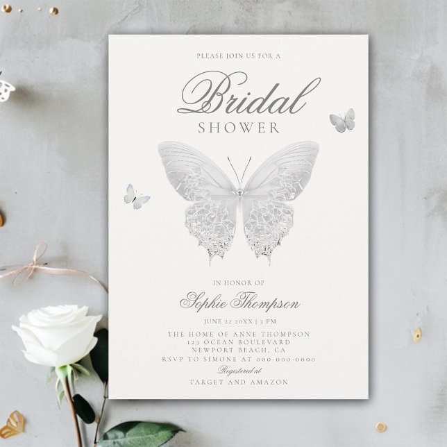Convites Chá de panela Branco Elegante Boho de Borboleta La (lace butterflies boho bridal shower invitation elegant feminine romantic chic white calligraphy)