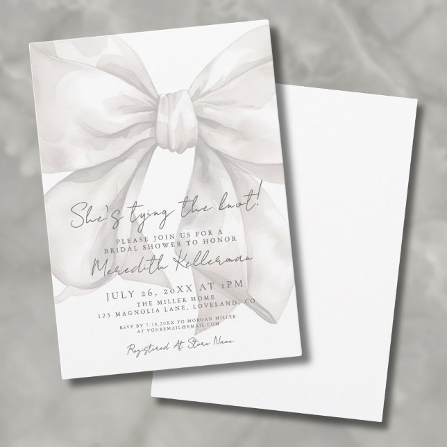 Convites Chá de panela branco Elegante de Arco de aquarela (Elegant Watercolor White Bow Bridal Shower Invitation)