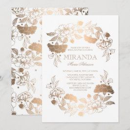 Convites Chá de panela Branco Elegante Dourado Floral Wreat