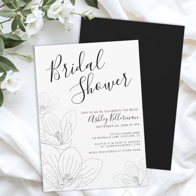 Convites Chá de panela Branco Floral Preto Elegante (Elegant Floral Black White Bridal Shower Invitation)