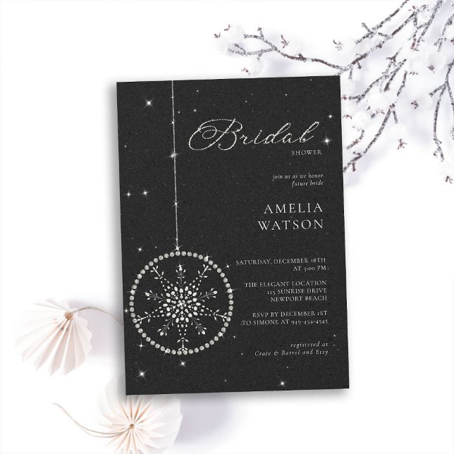 Convites Chá de panela Branco Preto Bling Snowflake (winter bridal shower invitation christmas bauble snowflake bling rhinestones glitter black white )