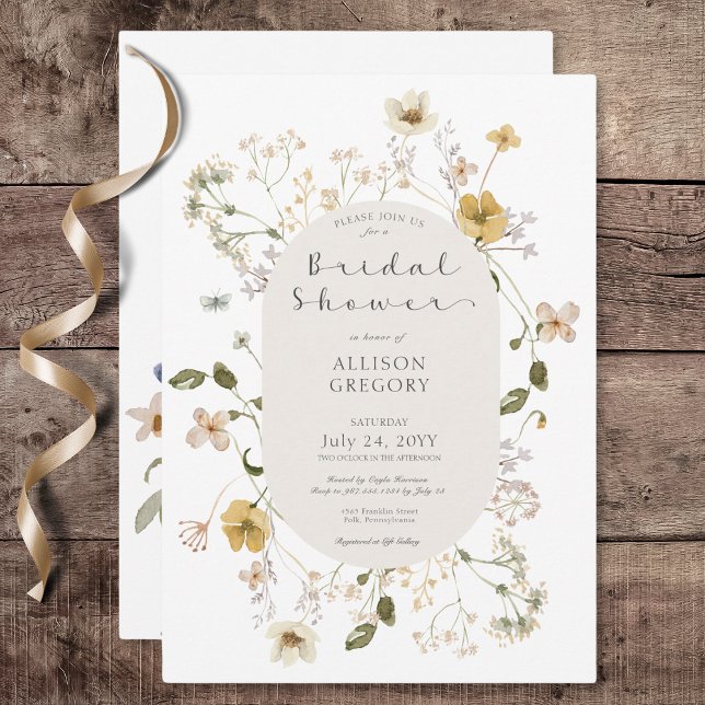 Convites Chá de panela Branco Russo da Moldura de Flor Selv (Rustic Wildflower Frame White Bridal Shower Invitation)