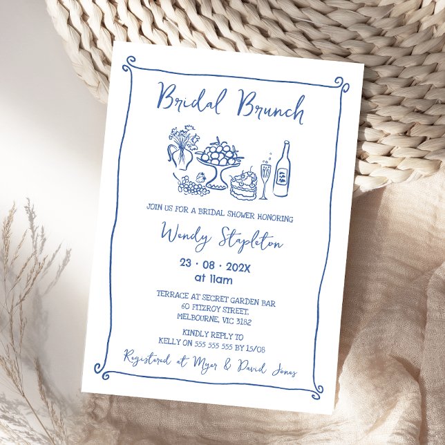 Convites Chá de panela Bridal de Brida de Azul Whimsical (Whimsical Blue Bridal Brunch Bridal Shower Invitation, Doodle, Hand Drawn, Bridal Brunch Shower)