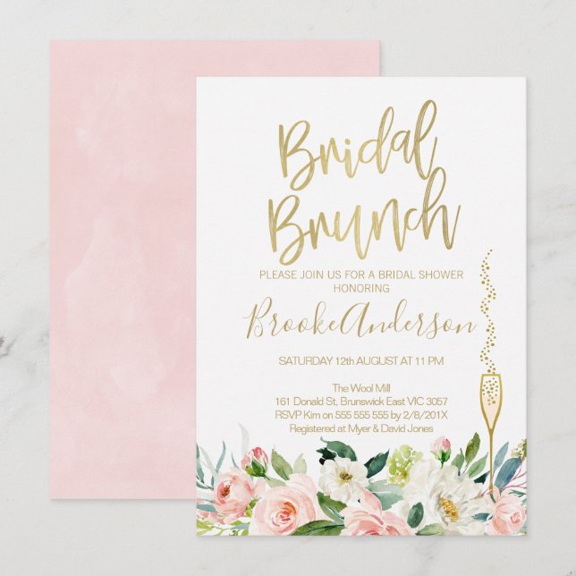 Convites Chá de panela Bridal Rosa Floral (Frente/Verso)