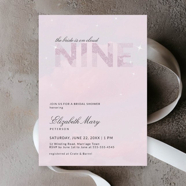 Convites Chá de panela Brilhante Cloud 9 Moderno Sonho Rosa (cloud 9 bridal shower invitation dreamy romantic pastel pink glitter clouds sky modern calligraphy)