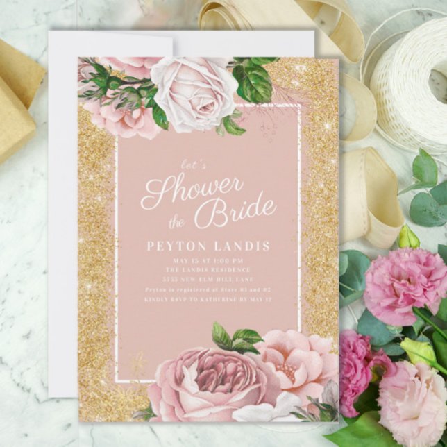 Convites Chá de panela Brilhante, cor-de-rosa, Dourado, da  (Pink vintage roses and gold glitter "Shower the Bride" custom bridal shower invitation)