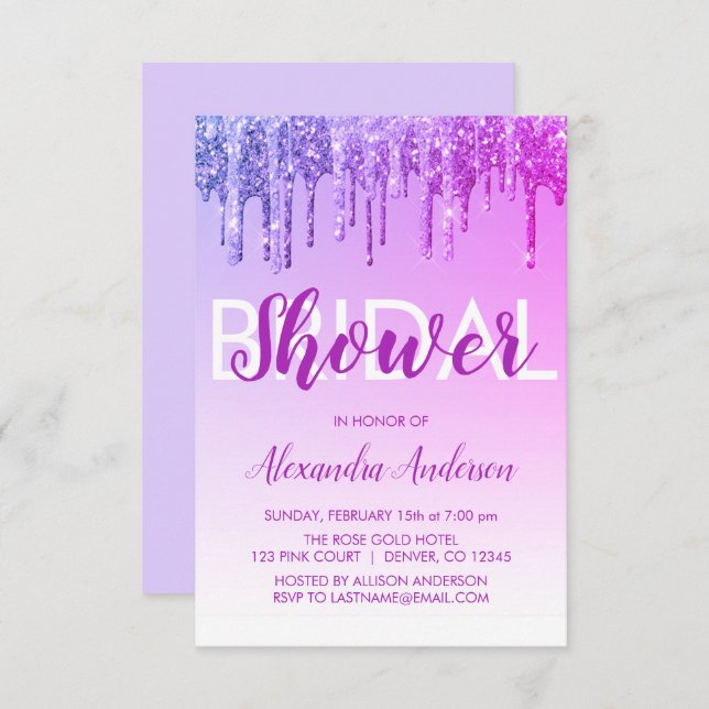 Convites Chá de panela brilhante cor-de-rosa púrpura (Frente/Verso)