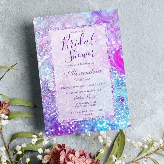 Convites Chá de panela brilhante de lavanda de pérolas roxa (Purple teal lavender marble glitter Bridal Shower Invitation )