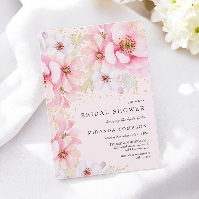 Convites Chá de panela Brilhante Dourado com Aquarela Rosa (Pink Watercolor Floral Gold Glitter Bridal Shower Invitation)