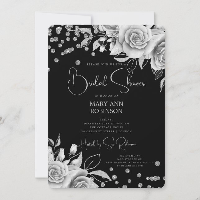 Convites Chá de panela Brilhante Floral de Script Silver Pr (Frente)