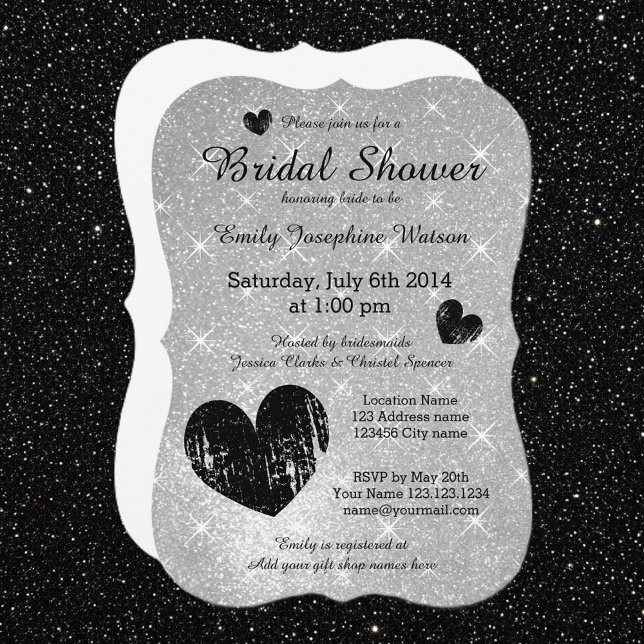 Convites Chá de panela brilhante preto-prateado (silver bridal shower invitations)