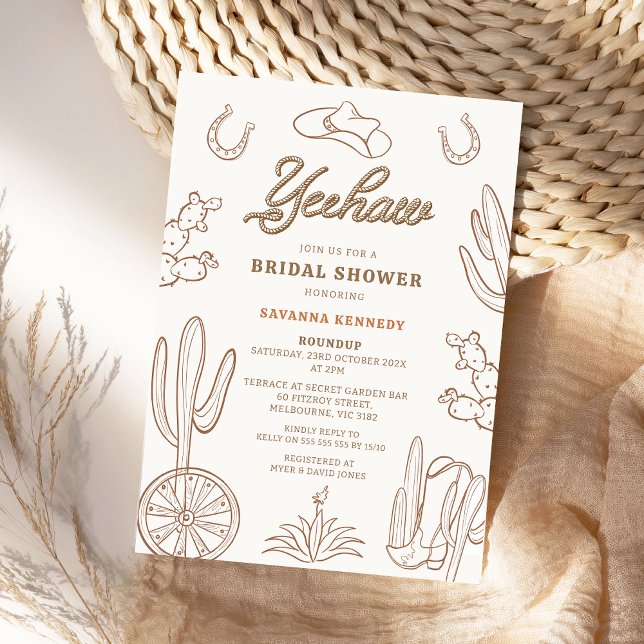 Convites Chá de panela Brown Line Yeehaw Western Cowgirl (Modern Cowgirl Bridal Shower Invitation, Western Bridal Shower Invite, Country, Wild West, Yeehaw)