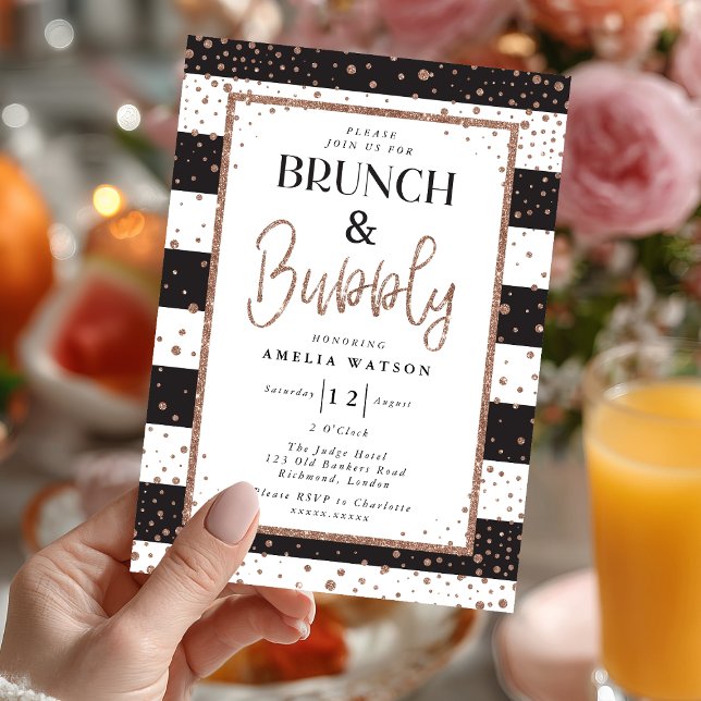 Convites Chá de panela Brunch e Bubble (Sip, sparkle, and celebrate 💖 Send your love with this glamorous rose gold bridal shower invite.)
