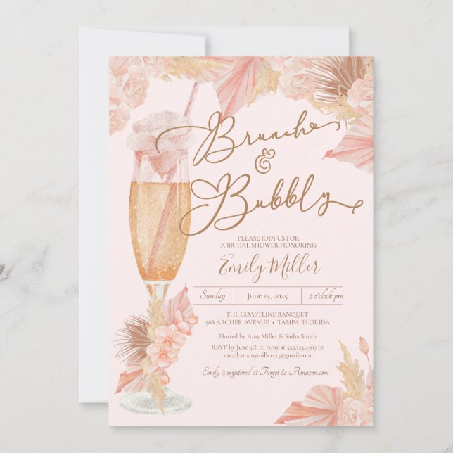 Convites Chá de panela Brunch e Bubble Blush Boho Pampas (Frente)