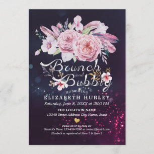 Convites Chá de panela Brunch e Bubble Boho Floral Feather