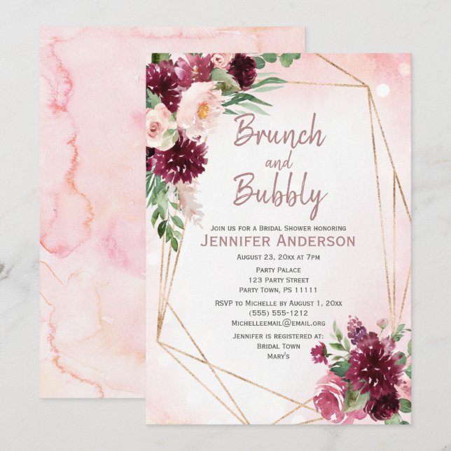 Convites Chá de panela Brunch e Bubble Burgundy (Frente/Verso)