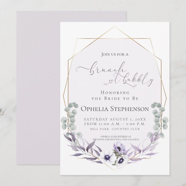 Convites CHÁ DE PANELA | Brunch e Bubble Dusty Lilac Floral (Frente/Verso)