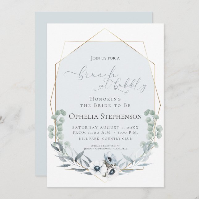 Convites CHÁ DE PANELA | Brunch e Bubbles Blue Floral (Frente/Verso)