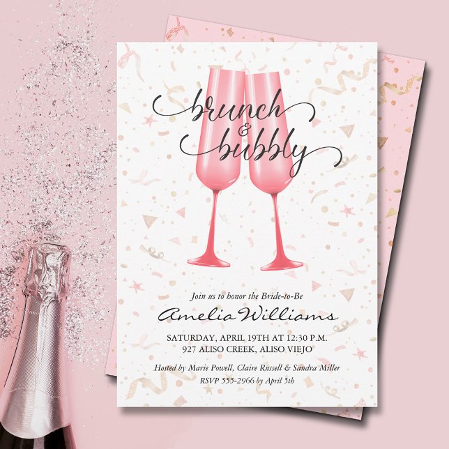 Convites Chá de panela Brunch e Bubby (Brunch and bubbly pink champagne glasses and streamers bridal shower invitations)