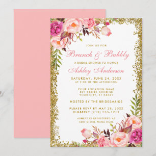 Convites Chá de panela Brunch Floral Dourado Rosa
