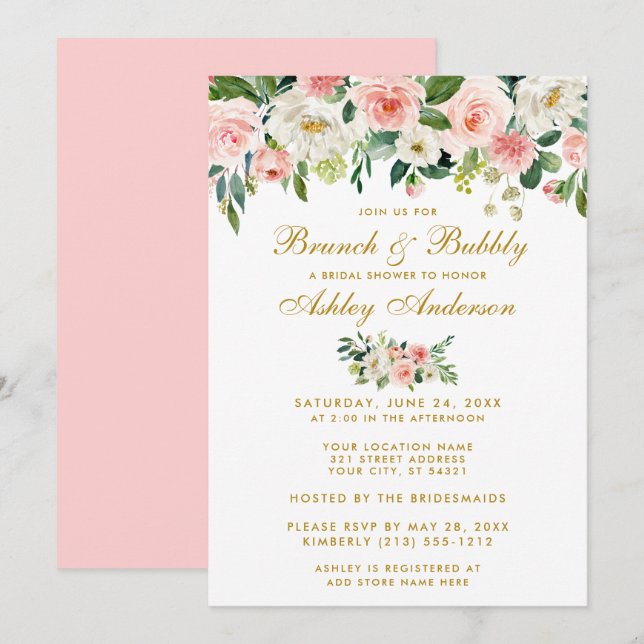 Convites Chá de panela Brunch Floral Dourado Rosa Pk (Frente/Verso)