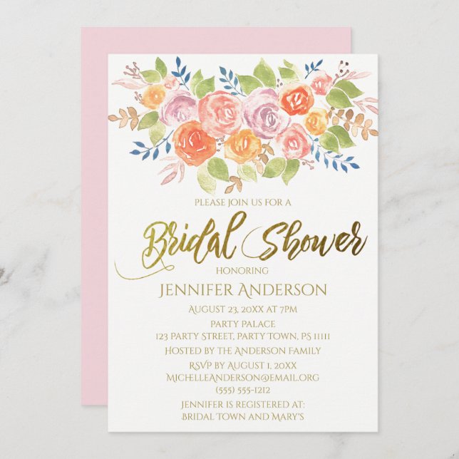 Convites Chá de panela Buquê Floral Rosa rosa Dourado (Frente/Verso)