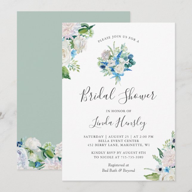 Convites Chá de panela Buquê Verde Azul Branco Azul Sage (Frente/Verso)