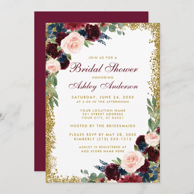 Convites Chá de panela Burgundy Blue Glitter Invite (Frente/Verso)