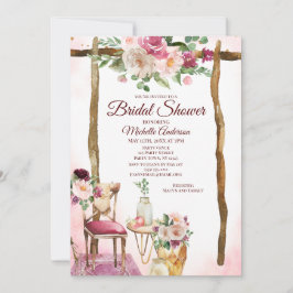 Convites Chá de panela Burgundy Boho Watercolor Arco Floral