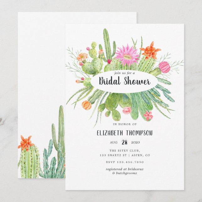 Convites Chá de panela Cactus Watercolor (Frente/Verso)