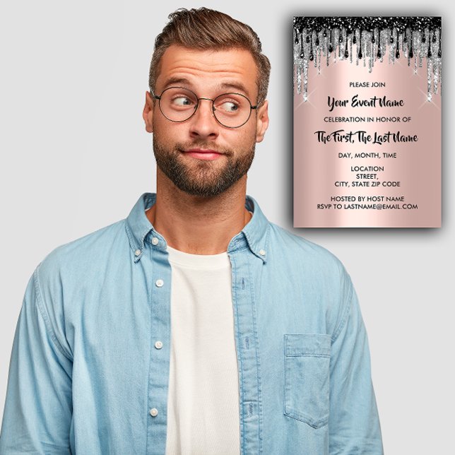 Convites Chá de panela Casamento Doce 16.º Rosa (Bridal Shower Wedding Sweet 16th Rose Black Drips Invitation)