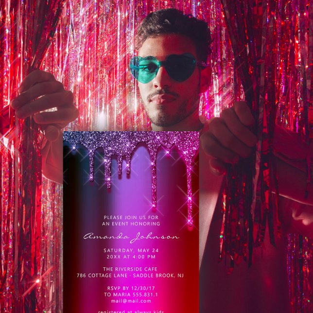 Convites Chá de panela Casamento Púrpura Rosa De Aniversári (Bridal Shower Wedding Birthday Pink Purple Drips Invitation)