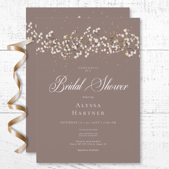 Convites Chá de panela castanho-do-hálito do bebê branco ru (Rustic White Baby's Breath Brown Bridal Shower Invitation)
