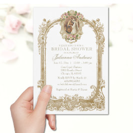 Convites Chá de panela Católico Elegante Dourado Floral Inv