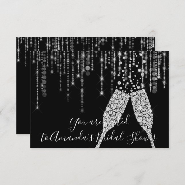 Convites Chá de panela Champaigne Bolhas de Vidro de Prata  (Frente/Verso)