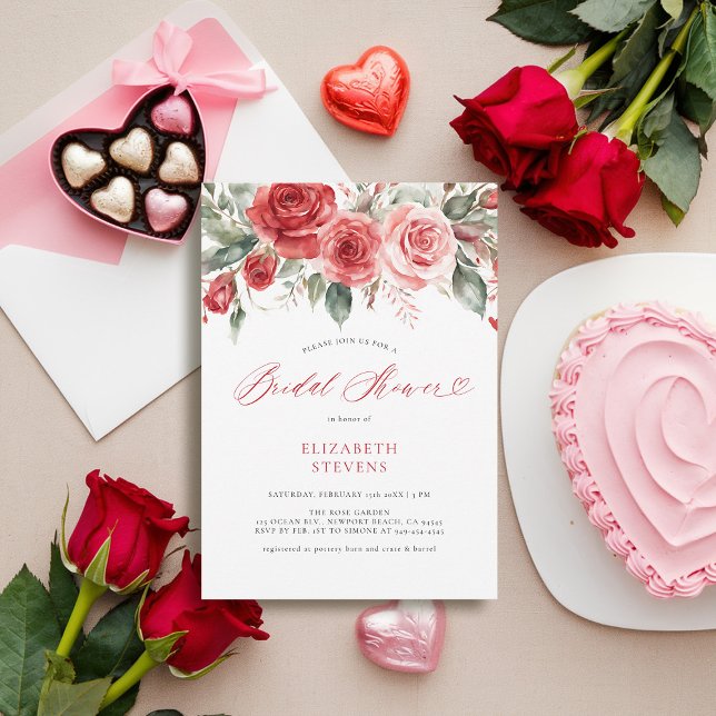 Convites Chá de panela Chic de Caligrafia do Namorados Rosa (valentine bridal shower invitation watercolor red roses elegant calligraphy modern feminine chic)